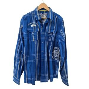 Pelle Pelle Shirt Mens 2XL Blue Plaid Urban 1978 Embroidered Long Sleeve Button